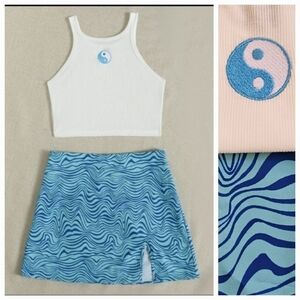 SHEIN Yin & Yang Embroidery Crop Tank & Wave Print Notched Hem Skirt Set Size S